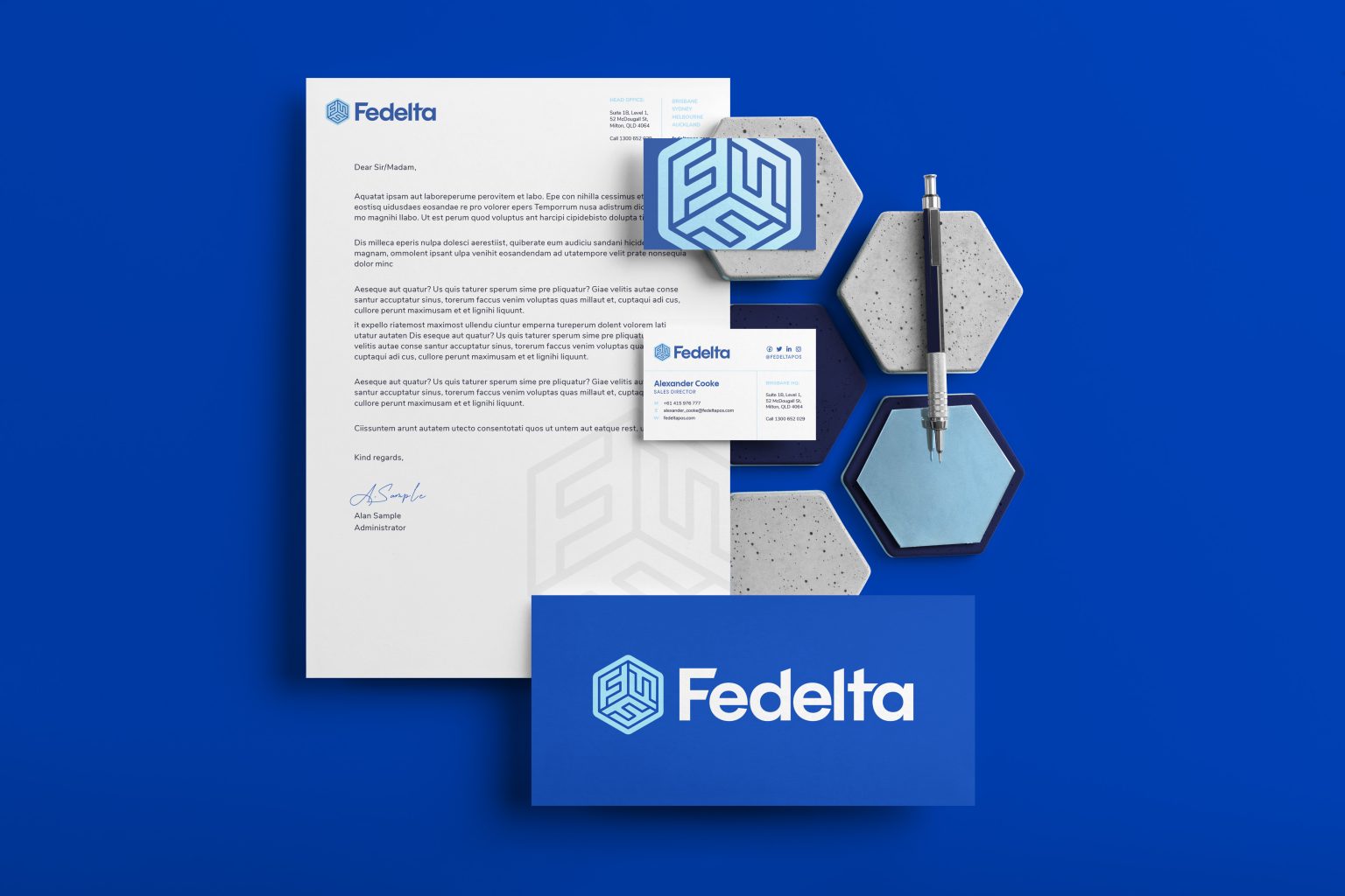 Fedelta brand identity mockup showing letterhead, business card, and hexagonal design elements on blue background.