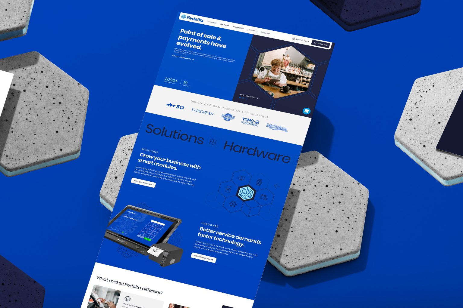 Fedelka website mockup displayed on blue background with concrete hexagonal tiles and payment terminal hardware.