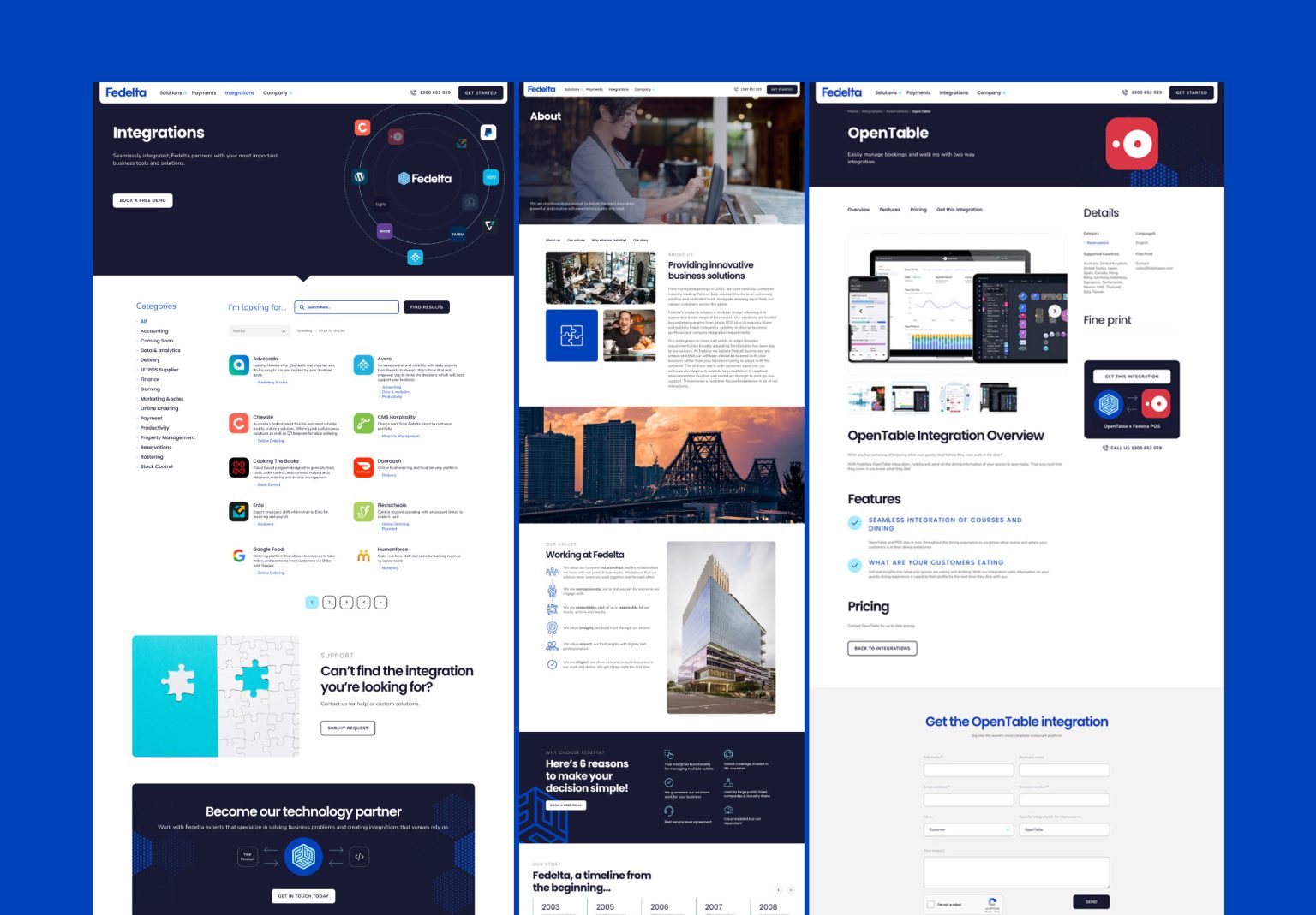 Three Fedelta integration pages displaying integrations marketplace, company about section, and OpenTable integration details with features and pricing.