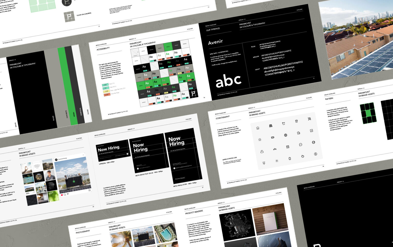 Paramount brand guidelines document pages showing color palettes, typography, iconography, and brand assets with green and black accent colors.