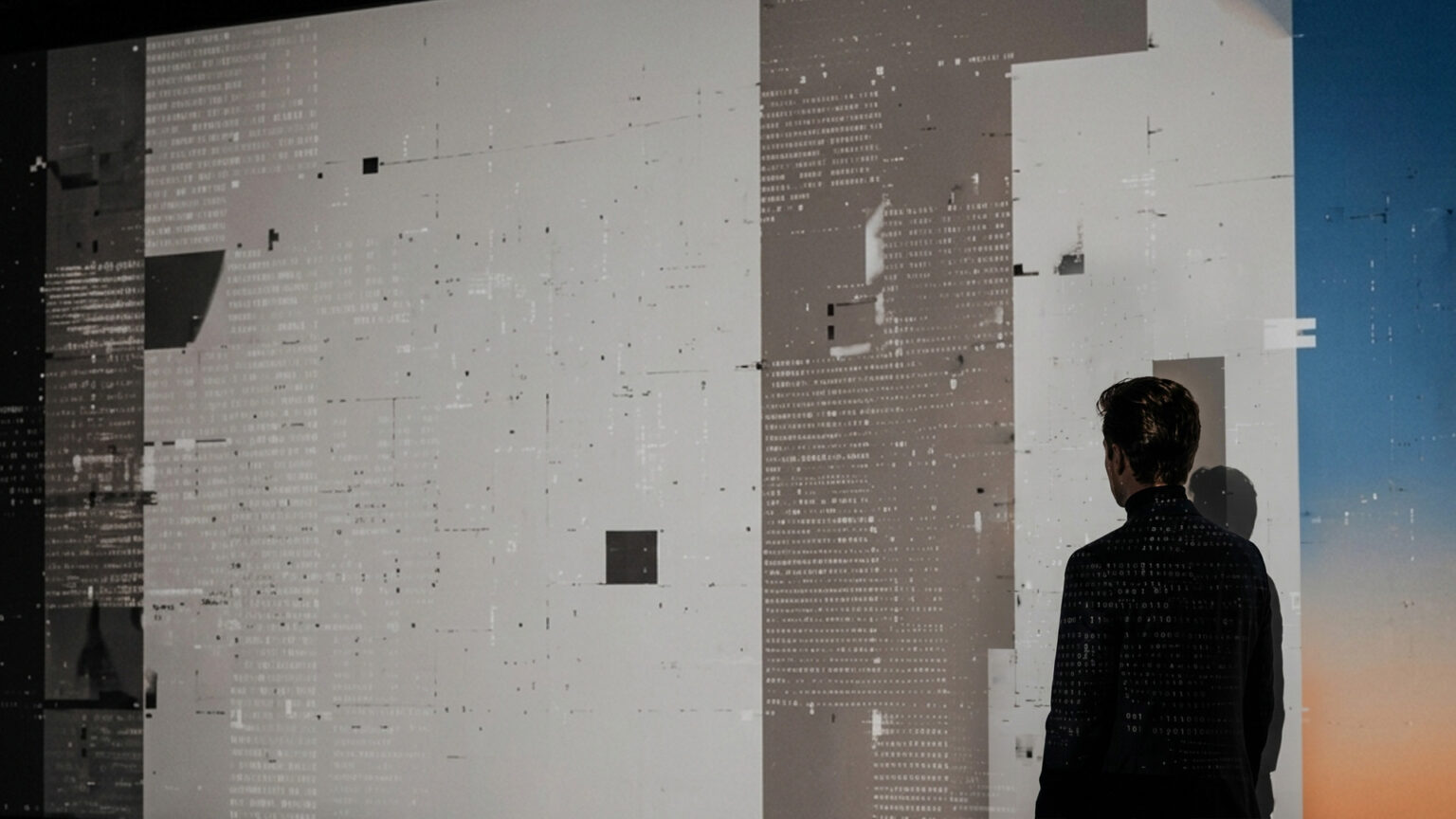 A person viewed from behind stands before a large digital display showing layered architectural imagery and abstract data visualizations with code-like patterns and geometric shapes.