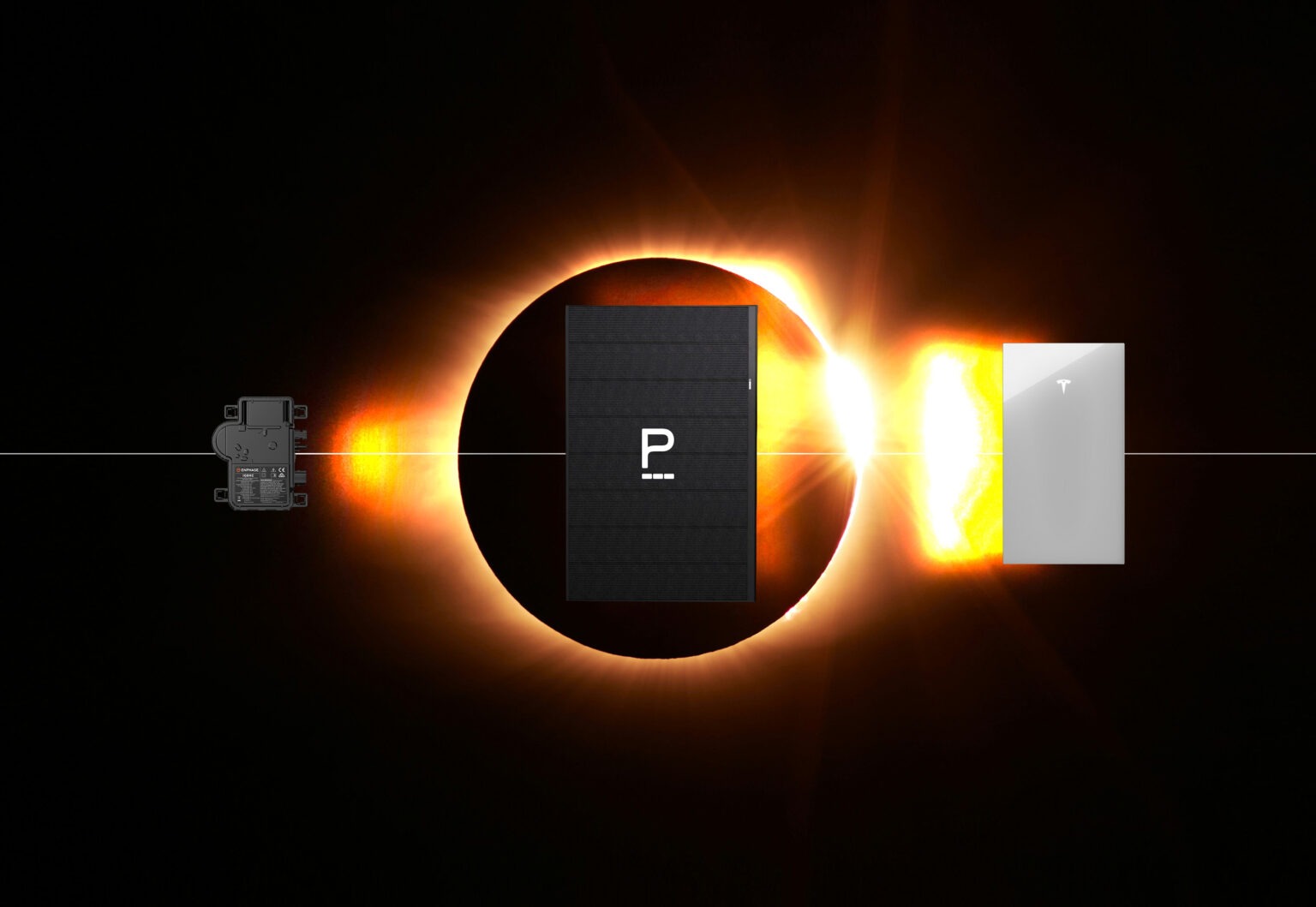 Solar eclipse alignment showing camera, sun with corona, and Tesla Powerwall battery system in sequence
