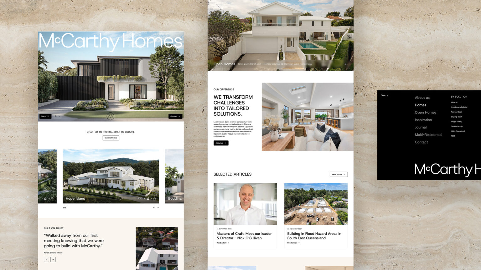 McCarthy Homes website layout showing modern home designs, open homes section, and selected articles about residential construction.